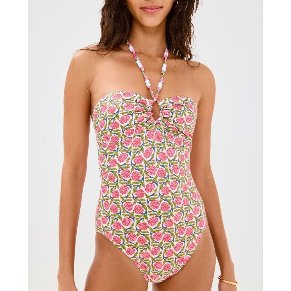 RHODE Kanika Swimsuit One Piece Floral Beaded Halter Size L $250 MSRP Resortwear